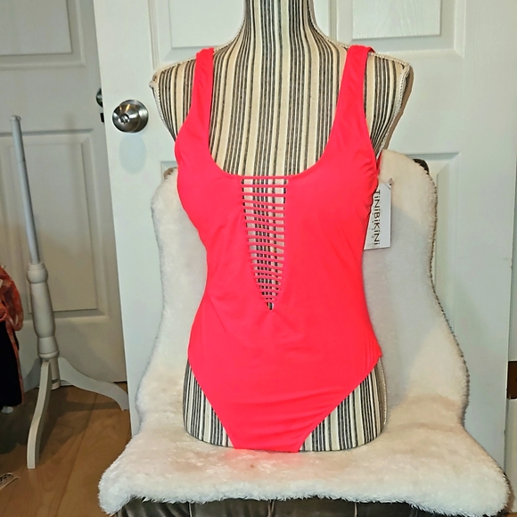 TINIBIKINI One Piece Swimwear Coral Fire Color Strappy Cut Out Style 7230 SW SzL - Picture 1 of 11